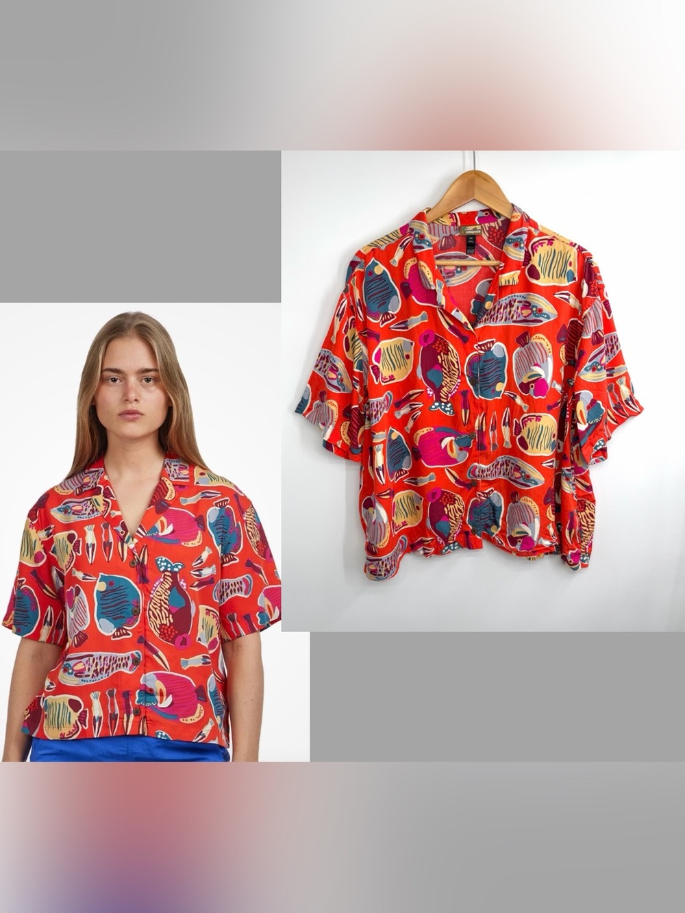 Patagonia Fish Print Tidal Threads 2XL Wrasse Pollinator Orange Camp Shirt Aloha